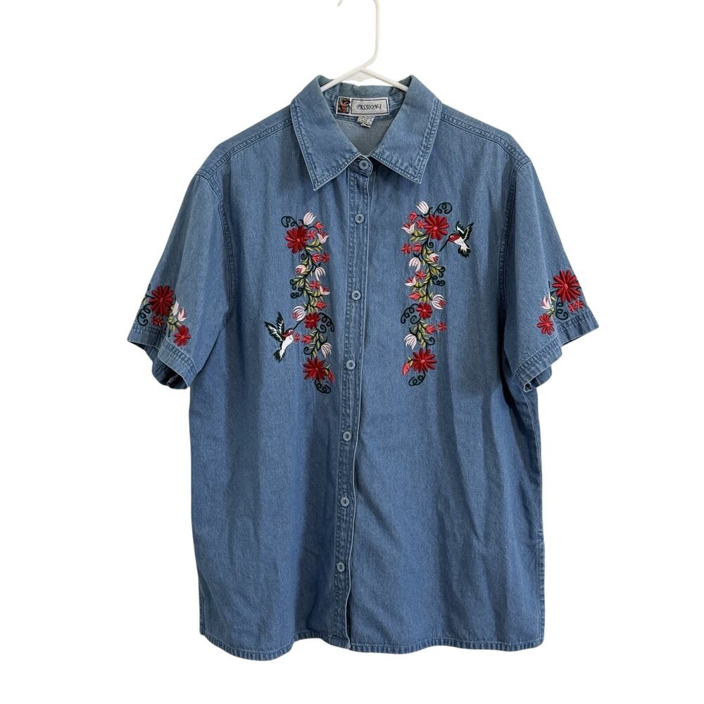 Vintage Passion-I Womens Plus Size 1X Denim Short Sleeve Embroidered Blouse